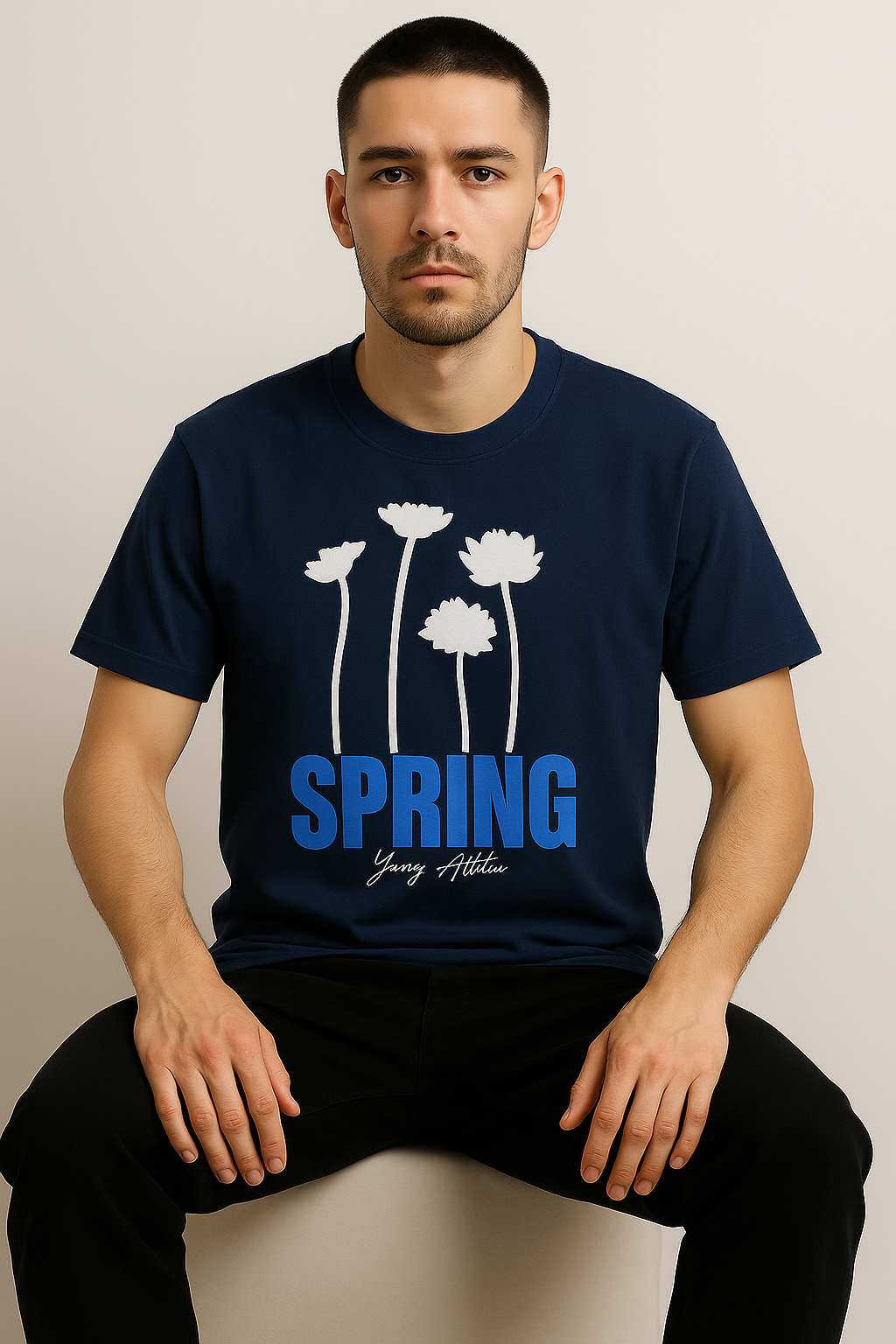 Spring Graphic Printed Oversized T-Shirt – Navy Blue